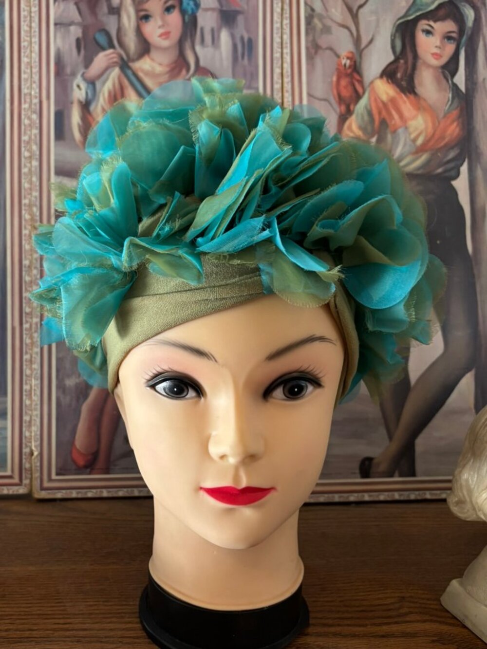 Vtg 1960's 70's Green / Blue Stretch Fabric Chiffon Floral Turban Hat o/s